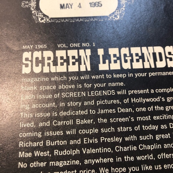 Screen Legends May 1965 James Dean Carroll Baker Fan Magazine Poster Vintage - Picture 10 of 16